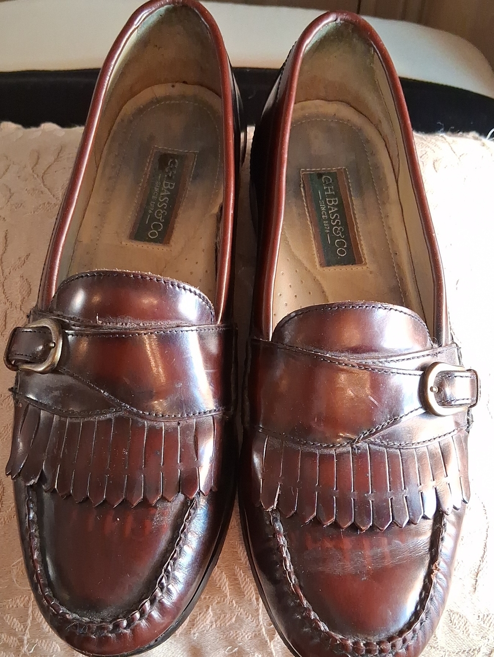 Lance G.H. Bass & Co. leather kiltie loafers in a rich, dark mahogany/brown